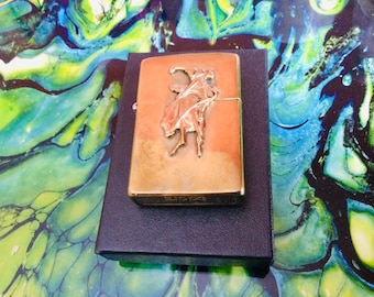Vintage 1994 Zippo Brass Lighter: Marlboro Rodeo Bronco Rider Emblem