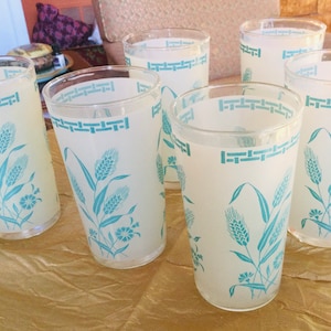 Mid Century Frosted Glass Tumblers Turquoise Set