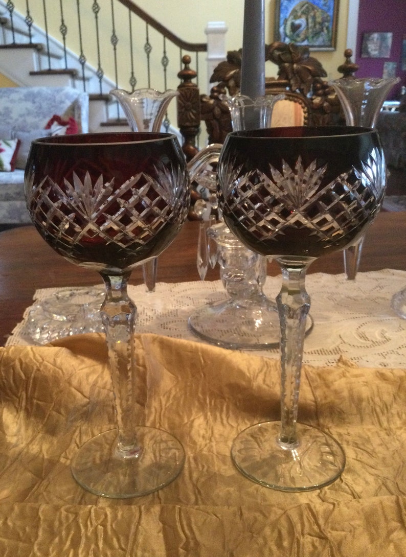 Ruby Red Cut to Clear Crystal Bohemian Wine Glasses Set of 2 Etsy