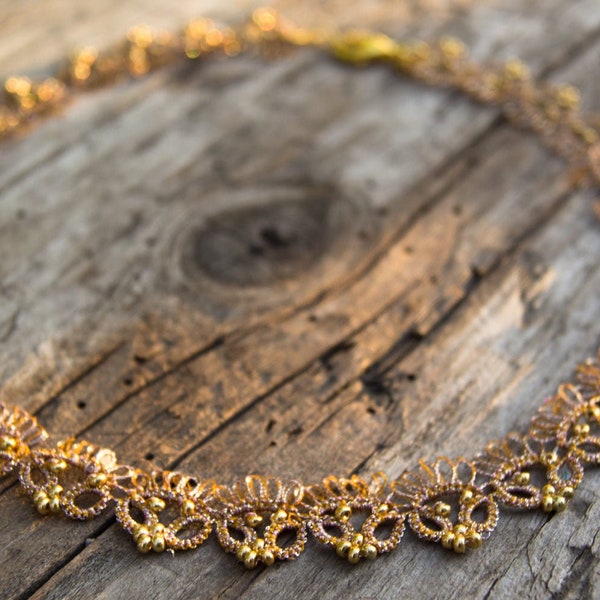 Dainty Gold Lace Choker Necklace, Filigree Delicate Tatting jewelry, Beaded Gold Choker Necklaces for Women, Tatted Necklace Gift for Her