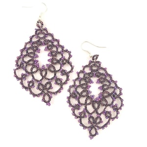 Tatted Lace Earrings - Dark Purple Earrings with Light Purple Beads, Perfect Handmade Jewelry Gift for Woman