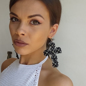 Gothic Cross Earrings with Rhinestones, Black Tatting Earrings, Statement Cross earrings, Oversized Alt Earrings for Halloween Glam