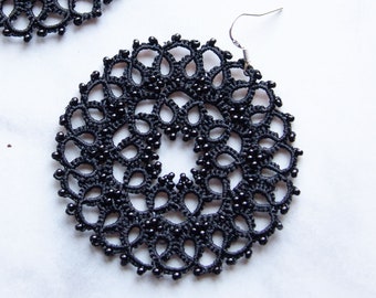 Big Black Earrings, Tatting Earrings, Black Lace earrings, Round Disc earrings, Oversized Round Earrings, Gift for Women