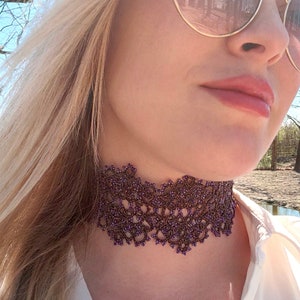 Edwardian Lace Choker - Victorian Tatting Choker for Women, Dark Cottagecore Choker, Extra Wide Purple Brown Choker, Unique Tatting Jewelry