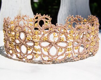 Rose Gold Statement Necklace, Feminine Cocktail Necklace, Tatting Choker Necklace for Women, Unique Wide Choker Lace, Gold Lace Choker Gift