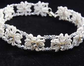 Elegant White Tatting Choker with Clear Rhinestones - Handmade Lace Necklace for Weddings or Special Occasions, Unique Gift for Women