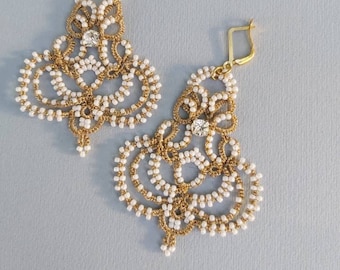 Gold Lace Earrings with White Beads & Clear Crystal, Delicate Tatting Earrings Mother's Day Gifts. Lace Chandelier Earrings