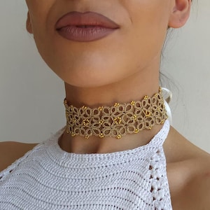 Lace Choker, Wide Gold Choker Necklace for women, Statement Choker, Beaded Tatting Necklace, Victorian Choker, Tatting Jewelry Gifts for Her