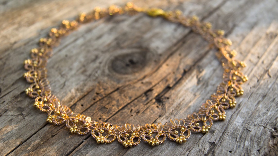 Dainty Gold Lace Choker Necklace, Filigree Delicate Tatting Jewelry