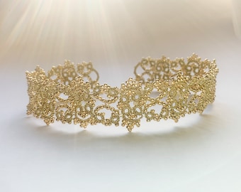 Gold Lace Choker - Beaded Tatting Necklace, Bridal Statement Necklace, Wide Gold Choker for women, Victorian Tatting Jewelry Gifts