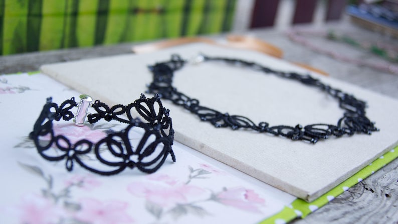 Tatting lace necklace Witchy jewelry Mourning Jewelry Black necklace Black Crystal Statement necklace
