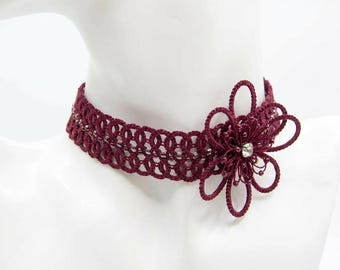 Burgundy Tatting Lace Choker Necklace Flower, Unique Statement Frivolite for Bride or Bridesmaids