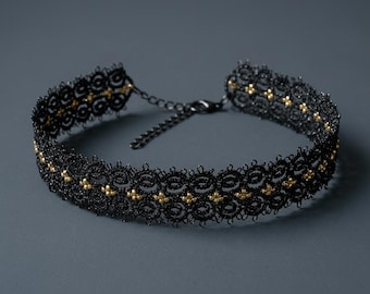 Zwarte choker met tatting, handgemaakte kanten ketting, unieke frivolite-sieraden, gotisch Victoriaans statementstuk