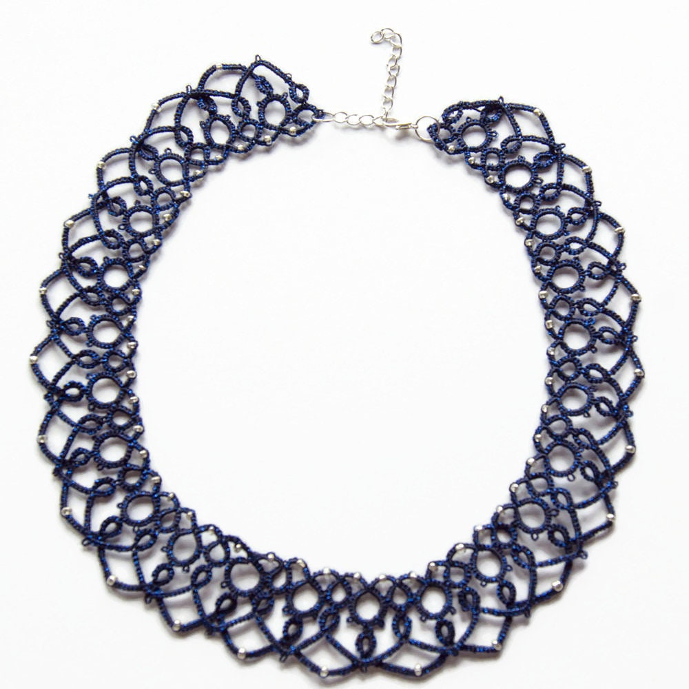 Navy blue Necklace for women Handmade Tatting Lace Necklace Etsy
