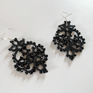 Black Tourmaline Earrings Vintage Style, Tatted Lace Sparkly Chandelier Earrings, Luxury Small Presents for Christmas, Goth Emo Gifts