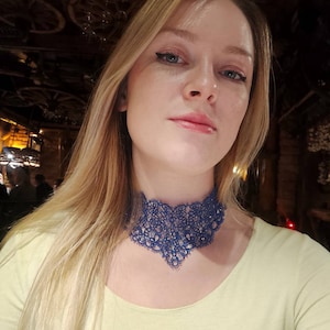 Royal Blue Choker Delicate Victorian Lace Choker Something Blue for Bride, Extra Wide Statement Necklace for Women, Art Deco Tatting Jewelry