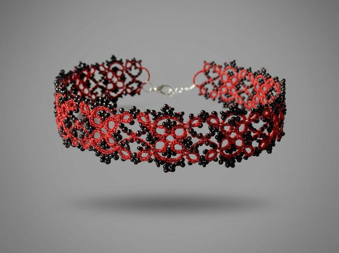 Victorian Gothic Tatted Lace Choker - Metallic Dark Red Statement ...