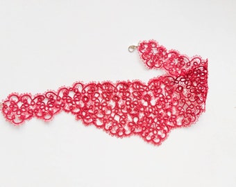 Hot Pink Choker Necklace, Handmade Pink Lace Choker, Fuschia Pink necklace, Tatting Lace Necklace, High neck Pink Goth Statement Necklace