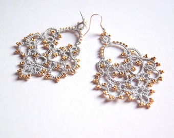 Tatting oorbellen - gouden en zilveren kanten bruidsoorbellen kroonluchter, frivolite sieraden, elegante kanten oorbellen