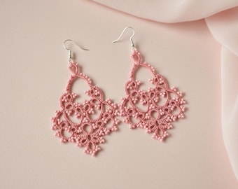 Tatting Earrings, Light Pink Earrings, Lightweight Lace Earrings, Lovecore Earrings, Peony Pink Bridal Earrings Chandelier, Frivolite