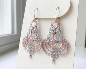 Chandelier Earrings Pink and Silver, Delicate Tatted Lace Earrings, Silver Tatting Earrings, Perfect Bride or Bridesmaids Wedding Earrings