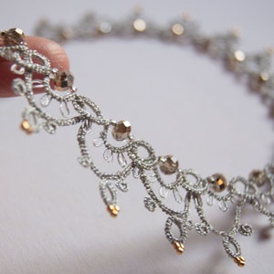 Delicate Tatting Necklace - Gold beaded Silver Lace Necklace, Bridgerton Style Necklace, Romantic Regencycore Lace jewelry Gift