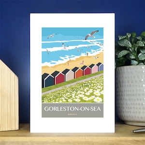 Gorleston on Sea Beach capanne, Great Yarmouth, North Norfolk. Biglietto d'auguri verticale A6. Oltre 500 tra cui scegliere.
