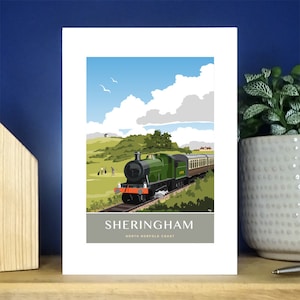 Campo de golf de Sheringham, Ferrocarril de North Norfolk, Poppy Line. Tarjeta de felicitación vertical A6. Más de 500 para elegir.