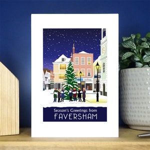 Faversham Market Place, Kent, neve de Natal. Cartão de Natal. Descontos de quantidade. Retrato A6. Cartões de cumprimentos.