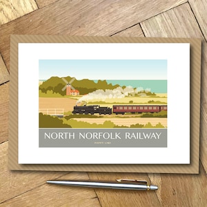 Carte de vœux du chemin de fer de North Norfolk, Weybourne. Affiche de voyage Design A6 Paysage.