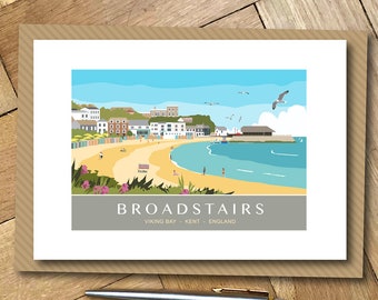 Broadstairs Viking Bay Greetings Card, Kent. Travel Poster Design A6 Landscape.