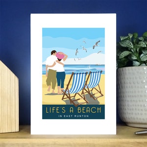 Het leven is een briesje, East Runton, North Norfolk. A6 Portret Wenskaart. Meer dan 500 om uit te kiezen.