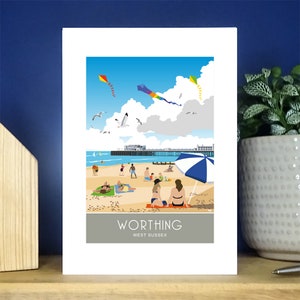 Praia de Worthing, Sussex. Cartão de boas vindas. Presente A6, cartão de felicitações. Mais de 500 para escolher.