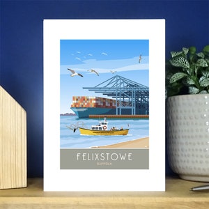 Harwich Harbour Ferry, Felixstowe, Suffolk, Tarjeta de felicitación retrato A6, Cartel de viaje