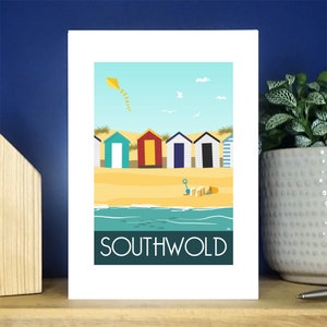 Tarjeta de felicitación con retrato de las cabañas de playa de Southwold. Más de 500 para elegir.