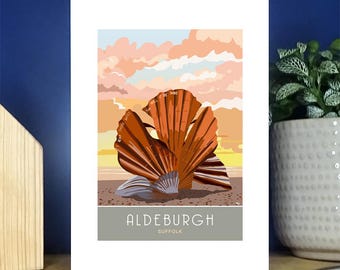 May include: A colorful illustration of a seashell sculpture on a beach with a sunset sky. The text "ALDEBURGH SUFFOLK" is at the bottom of the image.