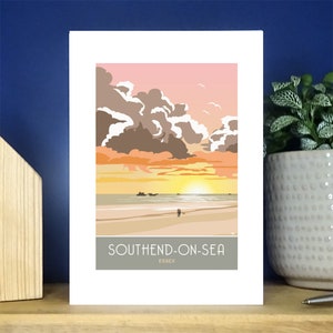 Southend-on-Sea, Tarjeta de felicitación, Atardecer en la playa, Essex. Tarjeta de felicitación vertical A6. Más de 500 para elegir.