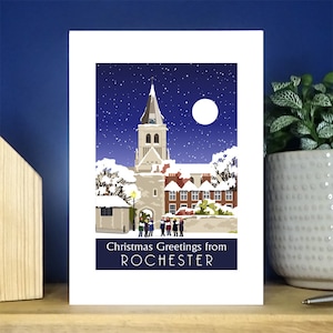 Catedral & castelo de Rochester, cartão de Natal. 2 versões. Descontos de quantidade. Retrato A6. Cartões de cumprimentos.