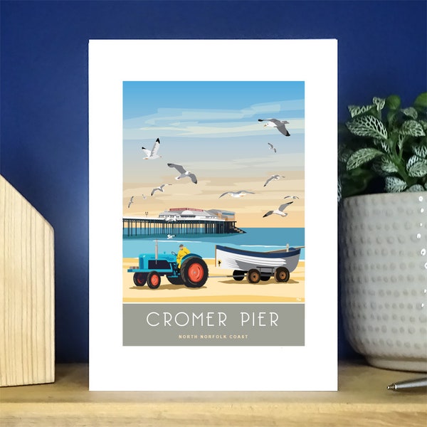 Cromer Pier, Tractor and Fishing Boat. A6 Portrait Greetings Card. Over 500 to choose from.