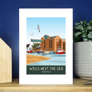 Pozos junto al mar, Quay, North Norfolk. Tarjeta de felicitación vertical A6. Más de 500 para elegir.