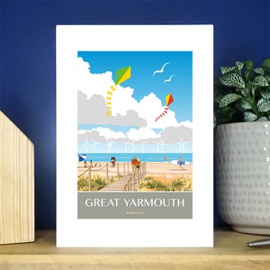 Playa de Great Yarmouth, Norfolk. Tarjeta de felicitación vertical A6. Más de 500 para elegir.
