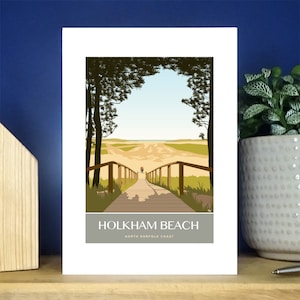 Paseo marítimo de Holkham Beach, en el norte de Norfolk. Bandera gris. Tarjeta de felicitación A6. Más de 500 para elegir.