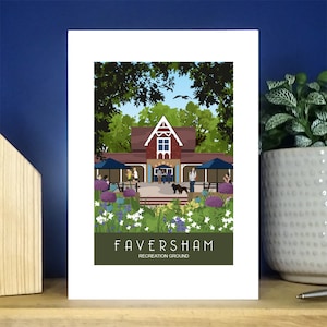 Faversham, Greetings Card, Recreation Ground und Hat Hat Coffee Shop. Hochformat A6 Grußkarte. Über 500 zur Auswahl.