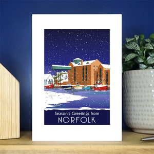 Norfolk o Wells accanto al mare Natale con neve, biglietto di Natale del North Norfolk. Sconti per quantità. Ritratto A6. Cartoline d'auguri.