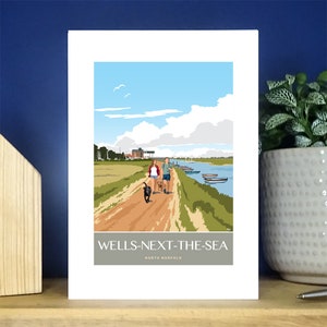 Pozzi accanto al mare, sentiero costiero, North Norfolk. Biglietto d'auguri verticale A6