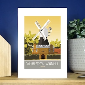 Tarjeta de felicitación con retrato del molino de viento de Wimbledon. Póster de viaje original de White One Sugar