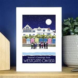 Neve de Natal de Westgate-on-Sea, Kent. Cartão de Natal. Descontos de quantidade. Retrato A6. Cartões de cumprimentos.