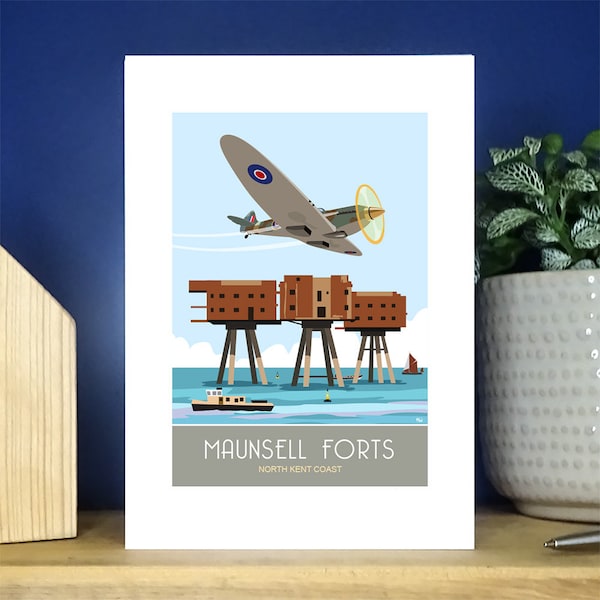 Maunsell Forts, Spitfire, Whitstable, Kent. A6 Blanc  Portrait Greetings Card.