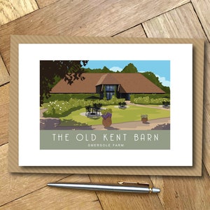 The Old Kent Barn Hochzeit Veranstaltungsort Grußkarte. Dover. Reise Poster Design A6 Querformat.