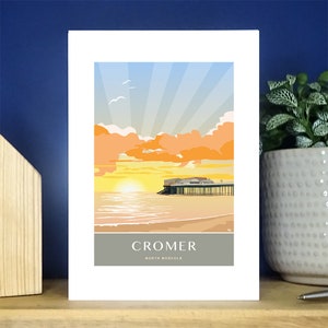 Cromer Pier Sunrise, North Norfolk. A6-wenskaart portret. Meer dan 500 om uit te kiezen.